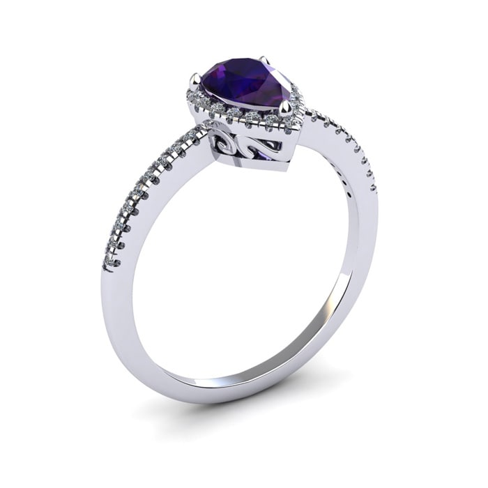 3/4 Carat Pear Shape Amethyst and Halo Diamond Ring In 14 Karat White Gold