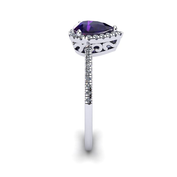 3/4 Carat Pear Shape Amethyst and Halo Diamond Ring In 14 Karat White Gold