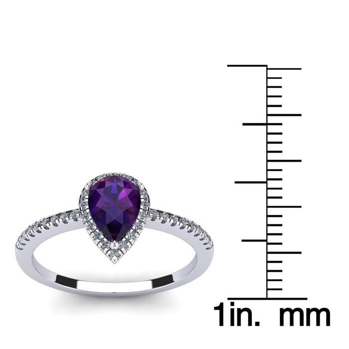 3/4 Carat Pear Shape Amethyst and Halo Diamond Ring In 14 Karat White Gold