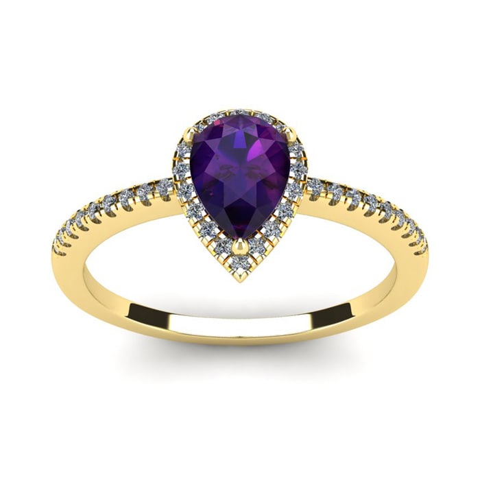 3/4 Carat Pear Shape Amethyst and Halo Diamond Ring In 14 Karat Yellow Gold