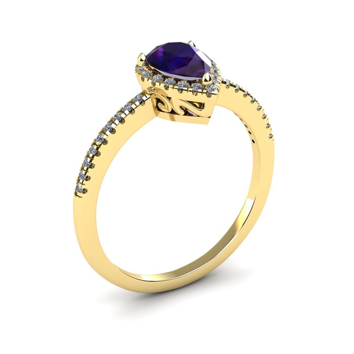 3/4 Carat Pear Shape Amethyst and Halo Diamond Ring In 14 Karat Yellow Gold