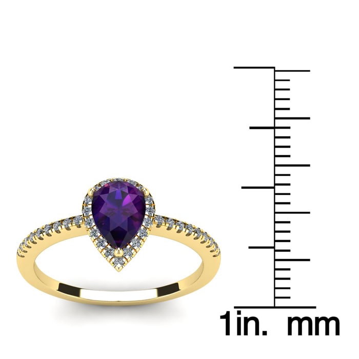 3/4 Carat Pear Shape Amethyst and Halo Diamond Ring In 14 Karat Yellow Gold