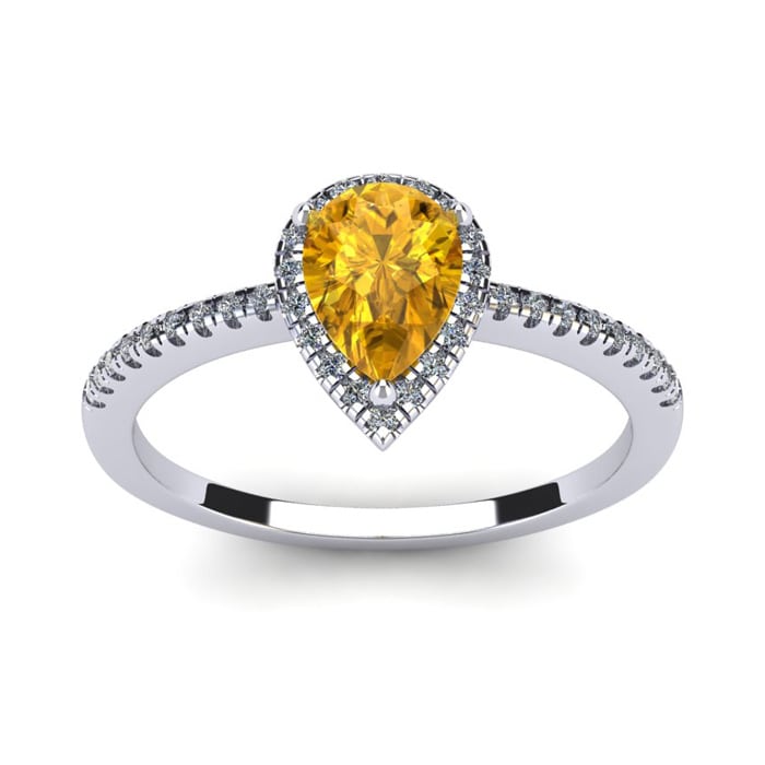 3/4 Carat Pear Shape Citrine and Halo Diamond Ring In 14 Karat White Gold