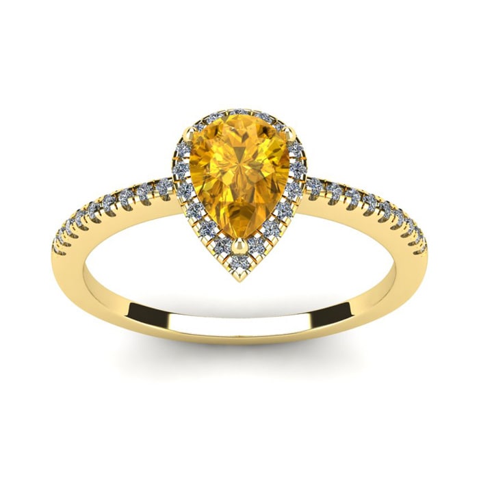 3/4 Carat Pear Shape Citrine and Halo Diamond Ring In 14 Karat Yellow Gold