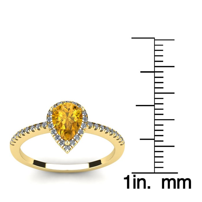 3/4 Carat Pear Shape Citrine and Halo Diamond Ring In 14 Karat Yellow Gold