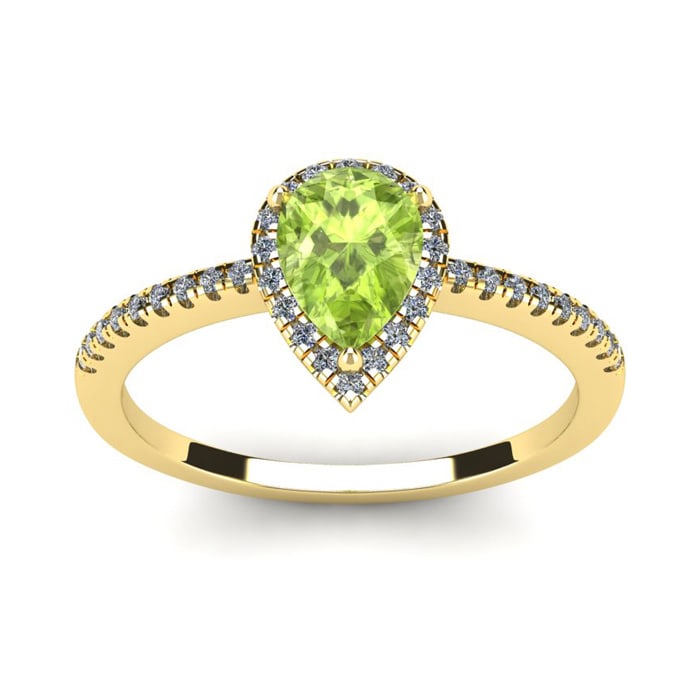 1 Carat Pear Shape Peridot and Halo Diamond Ring In 14 Karat Yellow Gold