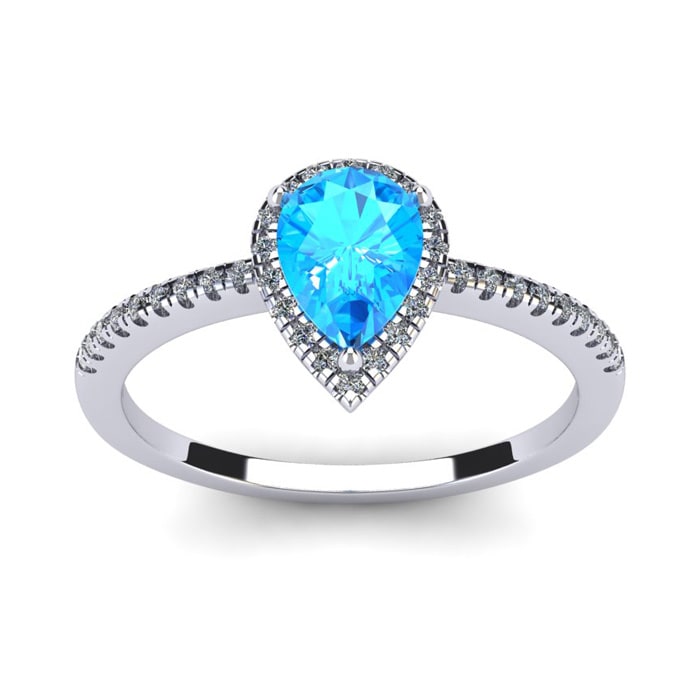 1 Carat Pear Shape Blue Topaz and Halo Diamond Ring In 14 Karat White Gold