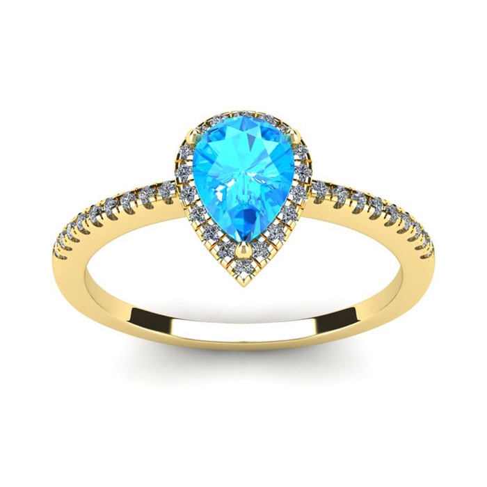 1 Carat Pear Shape Blue Topaz and Halo Diamond Ring In 14 Karat Yellow Gold