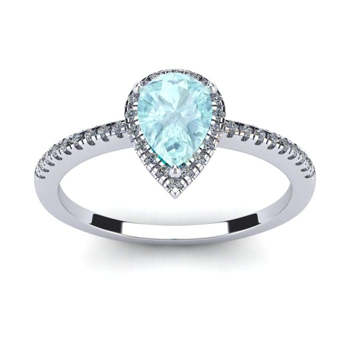 Aquamarine Ring: Aquamarine Jewelry: 3/4 Carat Pear Shape Aquamarine and Halo Diamond Ring In 14 Karat White Gold