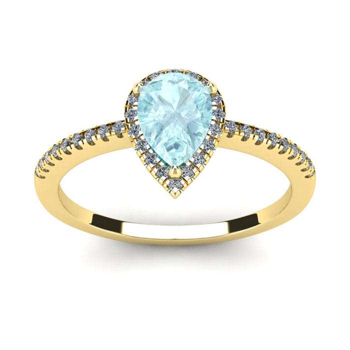 Aquamarine Ring: Aquamarine Jewelry: 3/4 Carat Pear Shape Aquamarine and Halo Diamond Ring In 14 Karat Yellow Gold