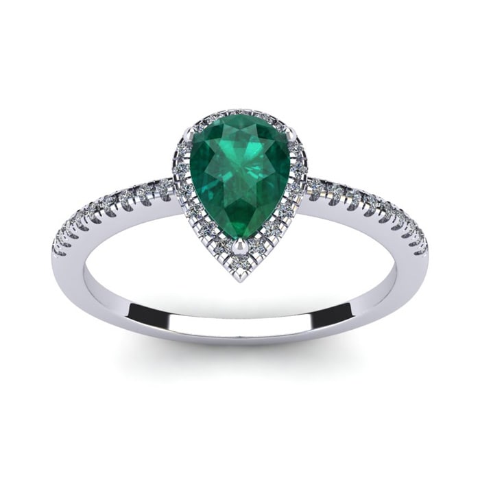 3/4 Carat Pear Shape Emerald and Halo Diamond Ring In 14 Karat White Gold