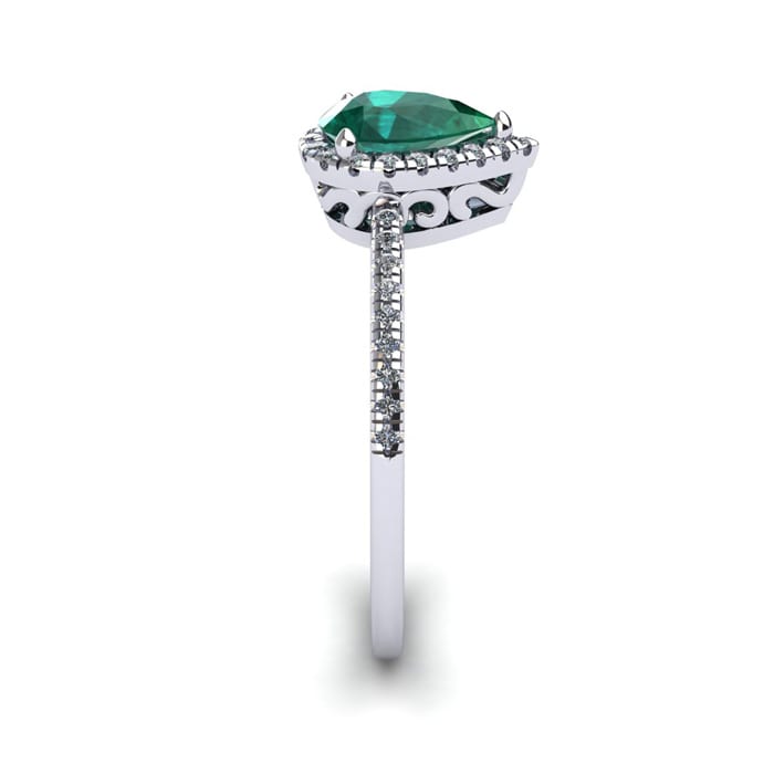 3/4 Carat Pear Shape Emerald and Halo Diamond Ring In 14 Karat White Gold