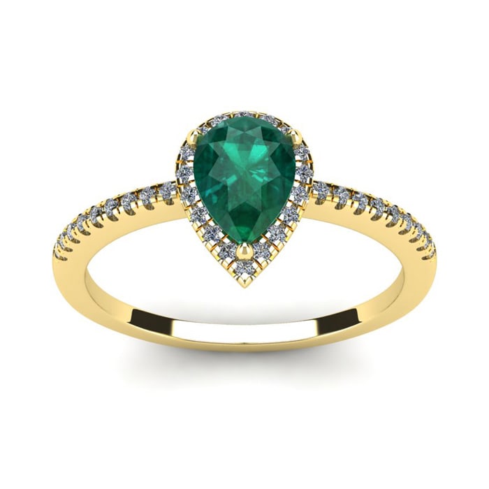 3/4 Carat Pear Shape Emerald and Halo Diamond Ring In 14 Karat Yellow Gold