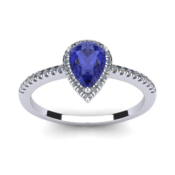 1 Carat Pear Shape Tanzanite and Halo Diamond Ring In 14 Karat White Gold
