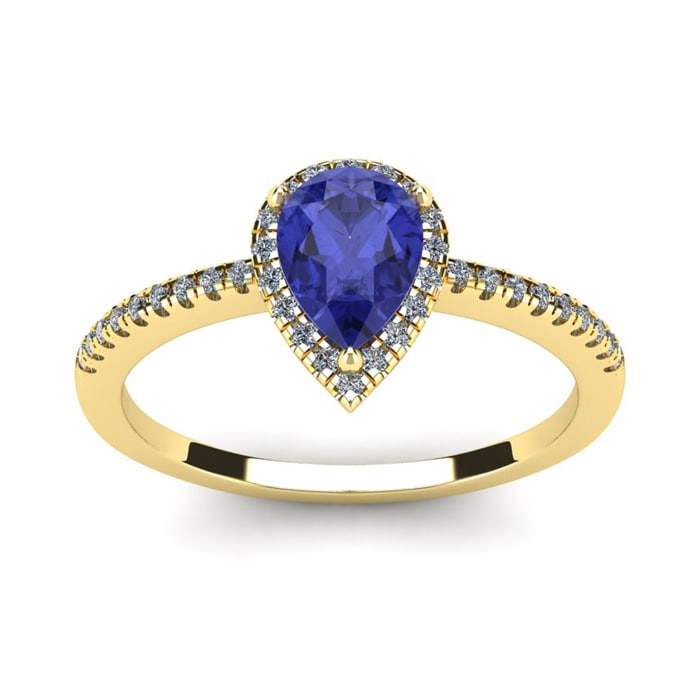 1 Carat Pear Shape Tanzanite and Halo Diamond Ring In 14 Karat Yellow Gold