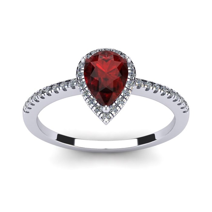 Garnet Ring: Garnet Jewelry: 1 Carat Pear Shape Garnet and Halo Diamond Ring In 14 Karat White Gold
