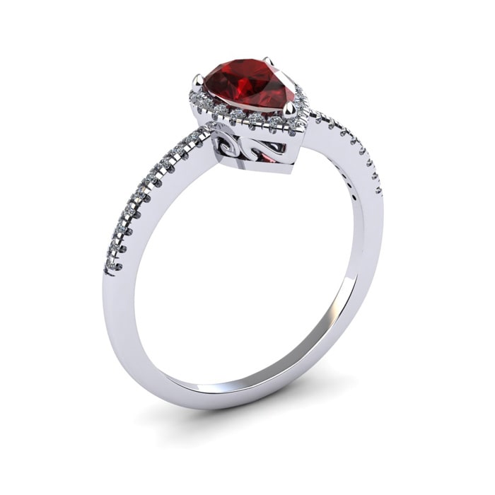 Garnet Ring: Garnet Jewelry: 1 Carat Pear Shape Garnet and Halo Diamond Ring In 14 Karat White Gold