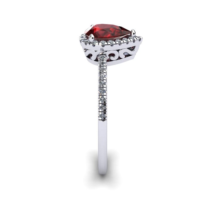 Garnet Ring: Garnet Jewelry: 1 Carat Pear Shape Garnet and Halo Diamond Ring In 14 Karat White Gold