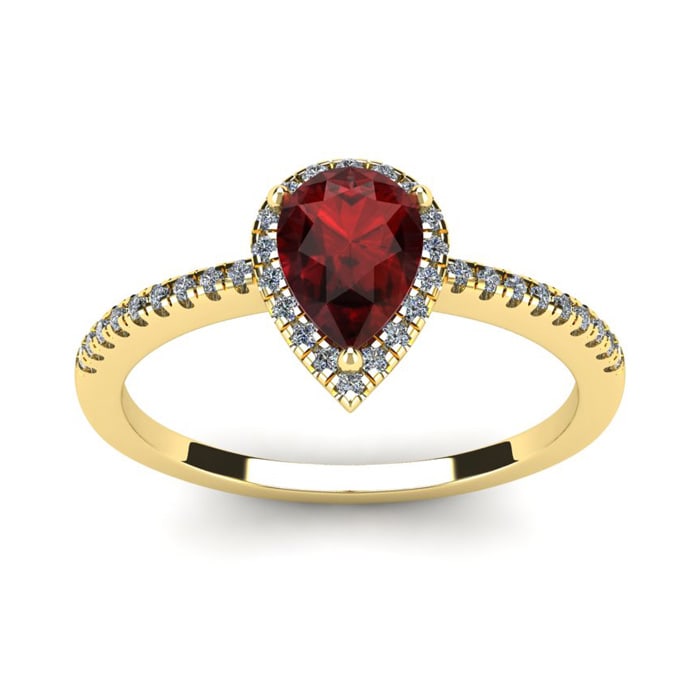 Garnet Ring: Garnet Jewelry: 1 Carat Pear Shape Garnet and Halo Diamond Ring In 14 Karat Yellow Gold