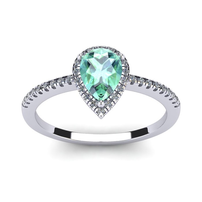 3/4 Carat Pear Shape Green Amethyst and Halo Diamond Ring In 14 Karat White Gold