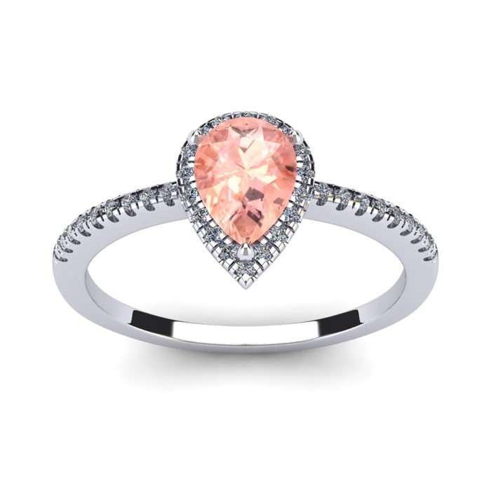 3/4 Carat Pear Shape Morganite and Halo Diamond Ring In 14 Karat White Gold