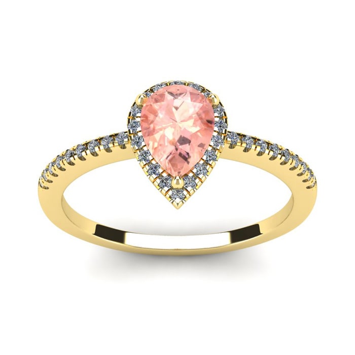 3/4 Carat Pear Shape Morganite and Halo Diamond Ring In 14 Karat Yellow Gold