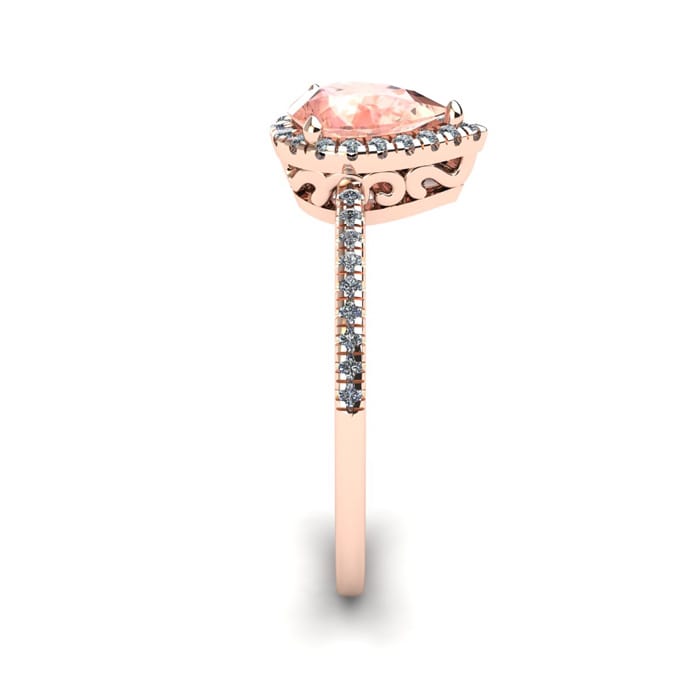 3/4 Carat Pear Shape Morganite and Halo Diamond Ring In 14 Karat Rose Gold