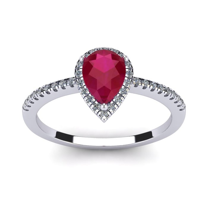 1 Carat Pear Shape Ruby and Halo Diamond Ring In 14 Karat White Gold