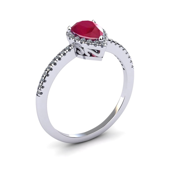 1 Carat Pear Shape Ruby and Halo Diamond Ring In 14 Karat White Gold