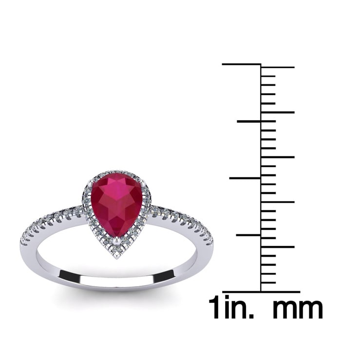 1 Carat Pear Shape Ruby and Halo Diamond Ring In 14 Karat White Gold