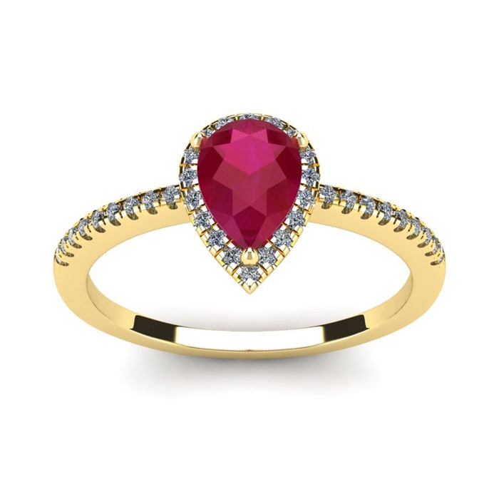 1 Carat Pear Shape Ruby and Halo Diamond Ring In 14 Karat Yellow Gold