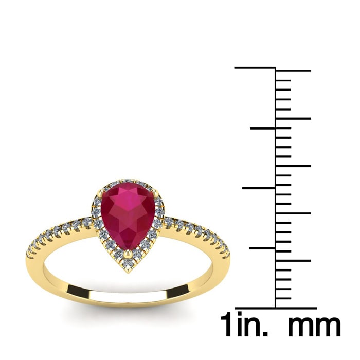 1 Carat Pear Shape Ruby and Halo Diamond Ring In 14 Karat Yellow Gold
