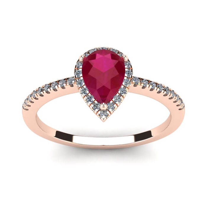 1 Carat Pear Shape Ruby and Halo Diamond Ring In 14 Karat Rose Gold