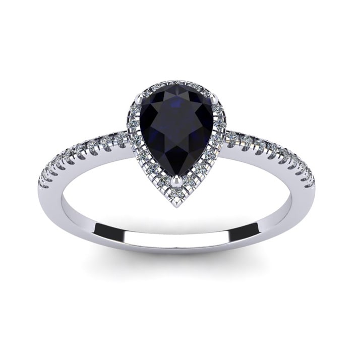 1 Carat Pear Shape Sapphire and Halo Diamond Ring In 14 Karat White Gold