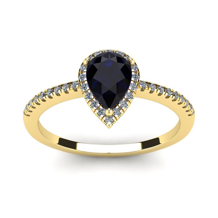 1 Carat Pear Shape Sapphire and Halo Diamond Ring In 14 Karat Yellow Gold