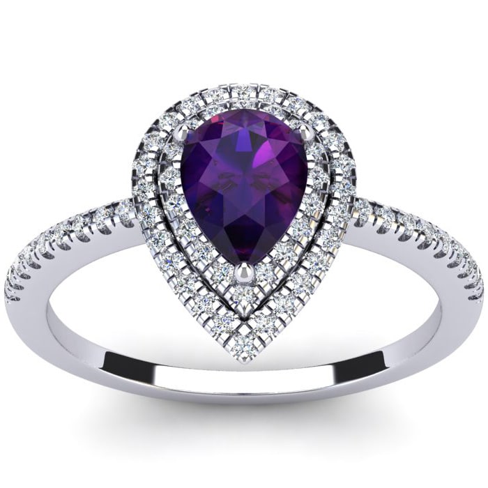 1 Carat Pear Shape Amethyst and Double Halo Diamond Ring In 14 Karat White Gold