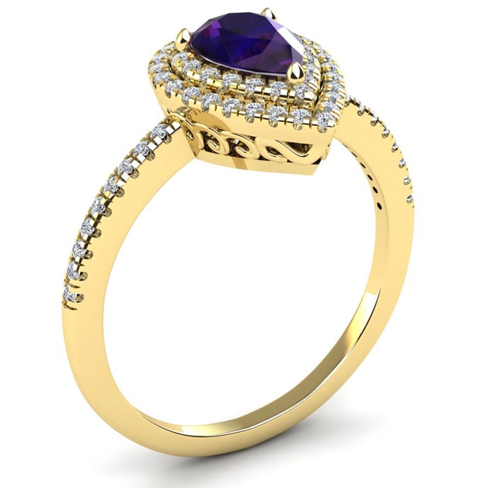 1 Carat Pear Shape Amethyst and Double Halo Diamond Ring In 14 Karat Yellow Gold