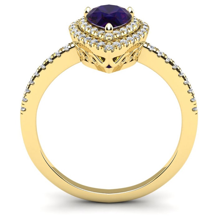 1 Carat Pear Shape Amethyst and Double Halo Diamond Ring In 14 Karat Yellow Gold