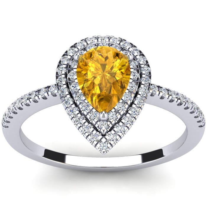 1 Carat Pear Shape Citrine and Double Halo Diamond Ring In 14 Karat White Gold