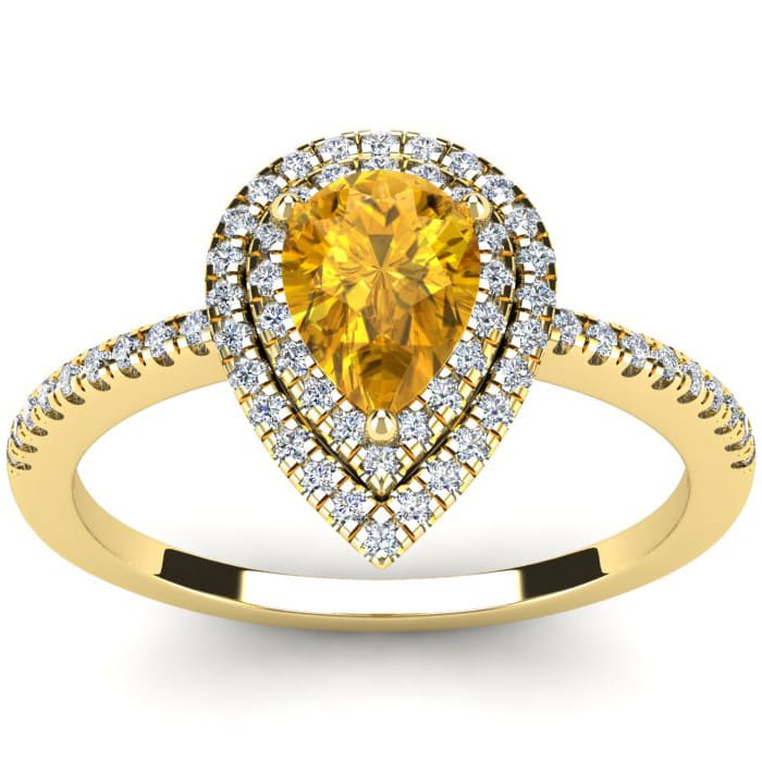 1 Carat Pear Shape Citrine and Double Halo Diamond Ring In 14 Karat Yellow Gold