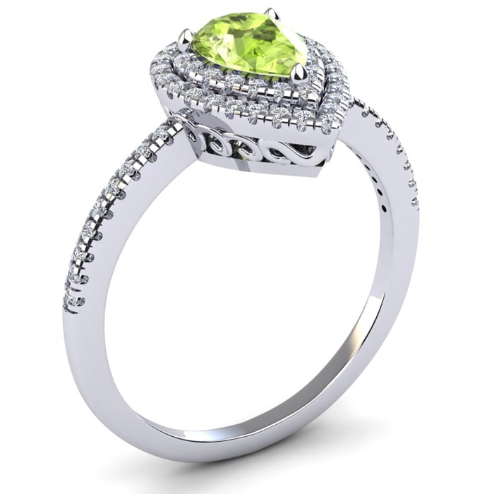 1 Carat Pear Shape Peridot and Double Halo Diamond Ring In 14 Karat White Gold