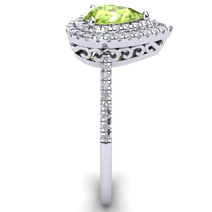 1 Carat Pear Shape Peridot and Double Halo Diamond Ring In 14 Karat White Gold
