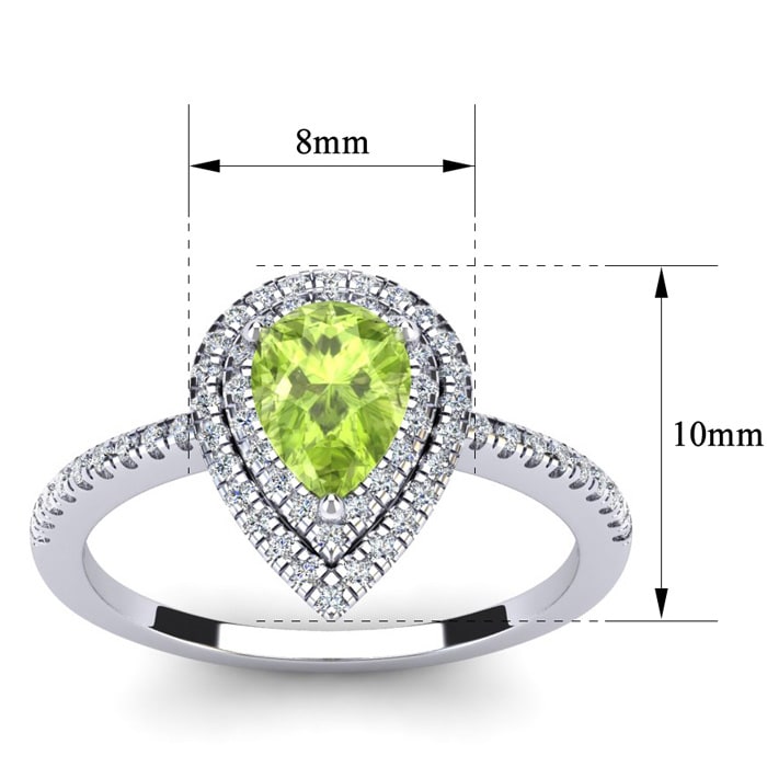 1 Carat Pear Shape Peridot and Double Halo Diamond Ring In 14 Karat White Gold