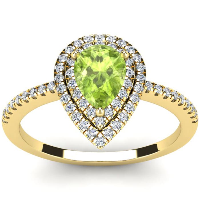 1 Carat Pear Shape Peridot and Double Halo Diamond Ring In 14 Karat Yellow Gold