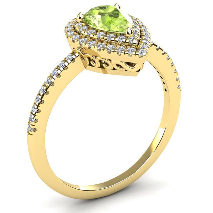 1 Carat Pear Shape Peridot and Double Halo Diamond Ring In 14 Karat Yellow Gold