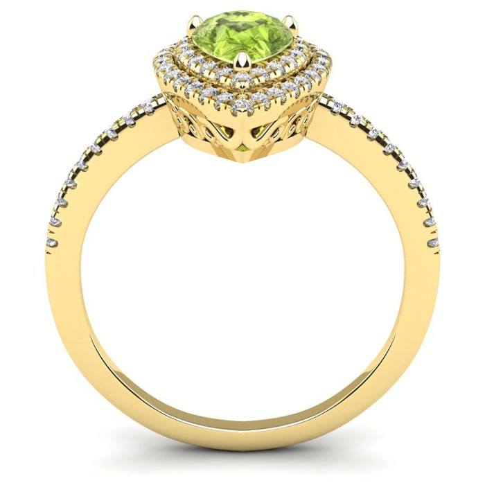 1 Carat Pear Shape Peridot and Double Halo Diamond Ring In 14 Karat Yellow Gold