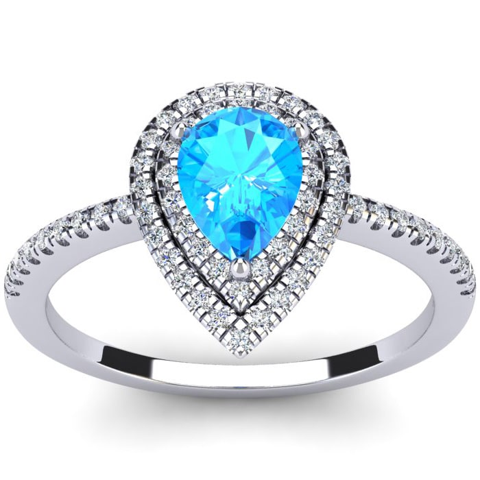 1 1/5 Carat Pear Shape Blue Topaz and Double Halo Diamond Ring In 14 Karat White Gold