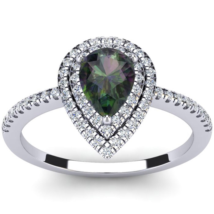 1-1/5 Carat Pear Shape Mystic Topaz Ring With Double Diamond Halo In 14 Karat White Gold