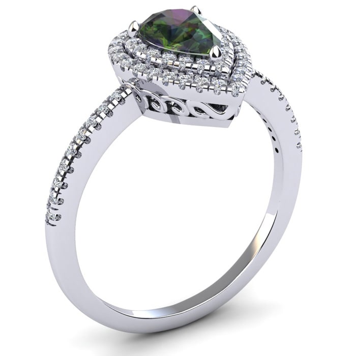 1-1/5 Carat Pear Shape Mystic Topaz Ring With Double Diamond Halo In 14 Karat White Gold