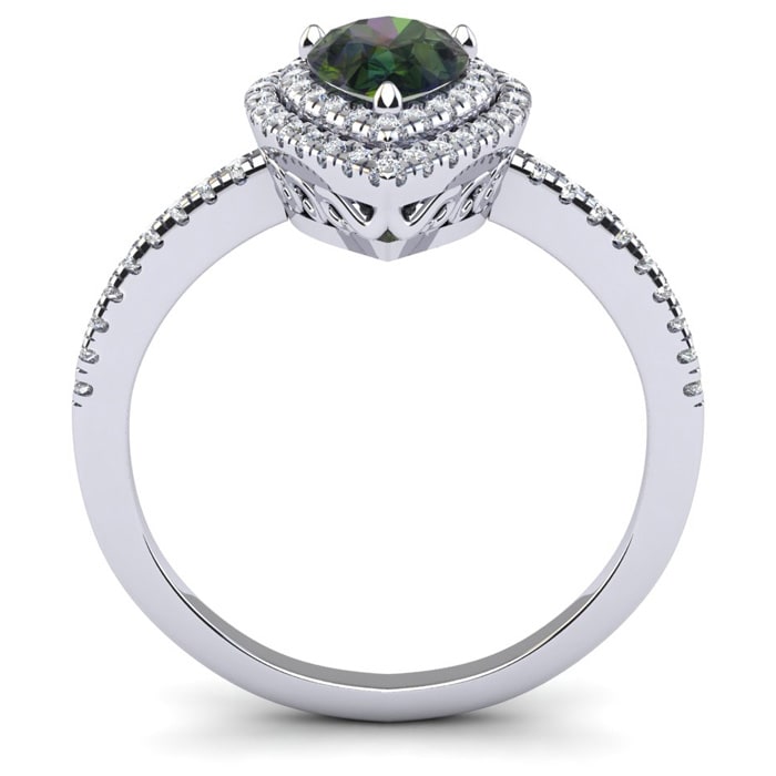 1-1/5 Carat Pear Shape Mystic Topaz Ring With Double Diamond Halo In 14 Karat White Gold